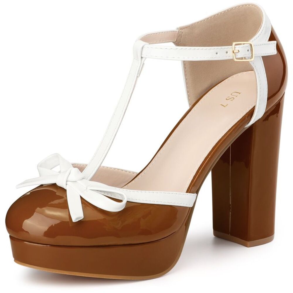 Bow T-Strap Platform Chunky Heels Pumps Brown